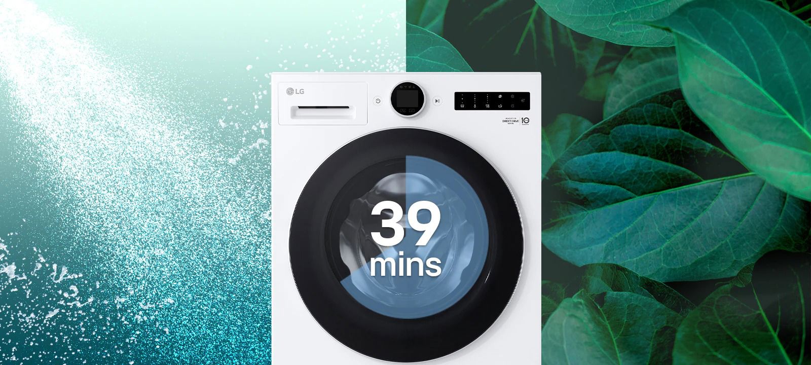 Máy giặt cửa trước LG màu trắng với chương trình giặt nhanh 39 phút